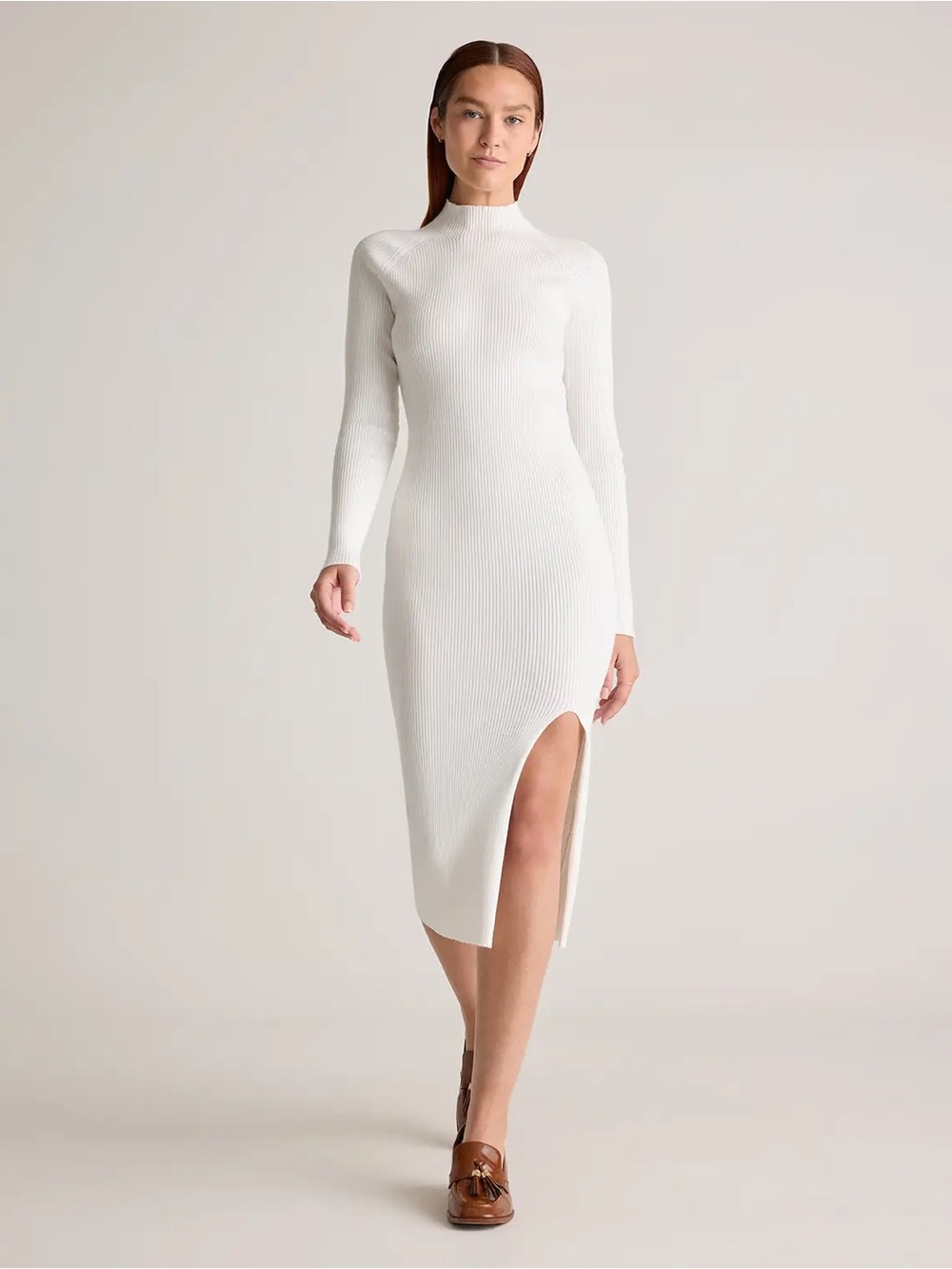 Quince Womens Eco-Knit Ribbed Mock Neck Sweater Dress Small Ivory Midi Slit